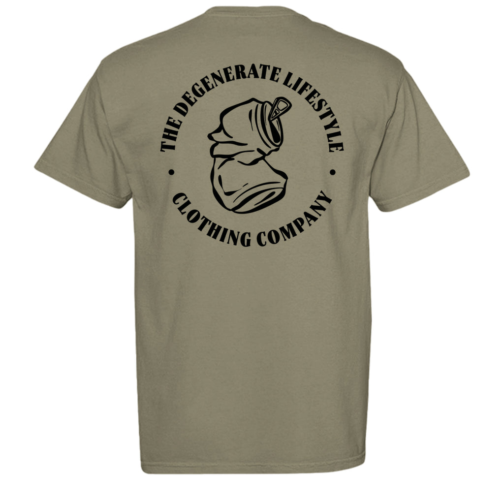 Crushed Can Logo Comfort Colors graphic tee in sandstone, back view with Degenerate Lifestyle logo