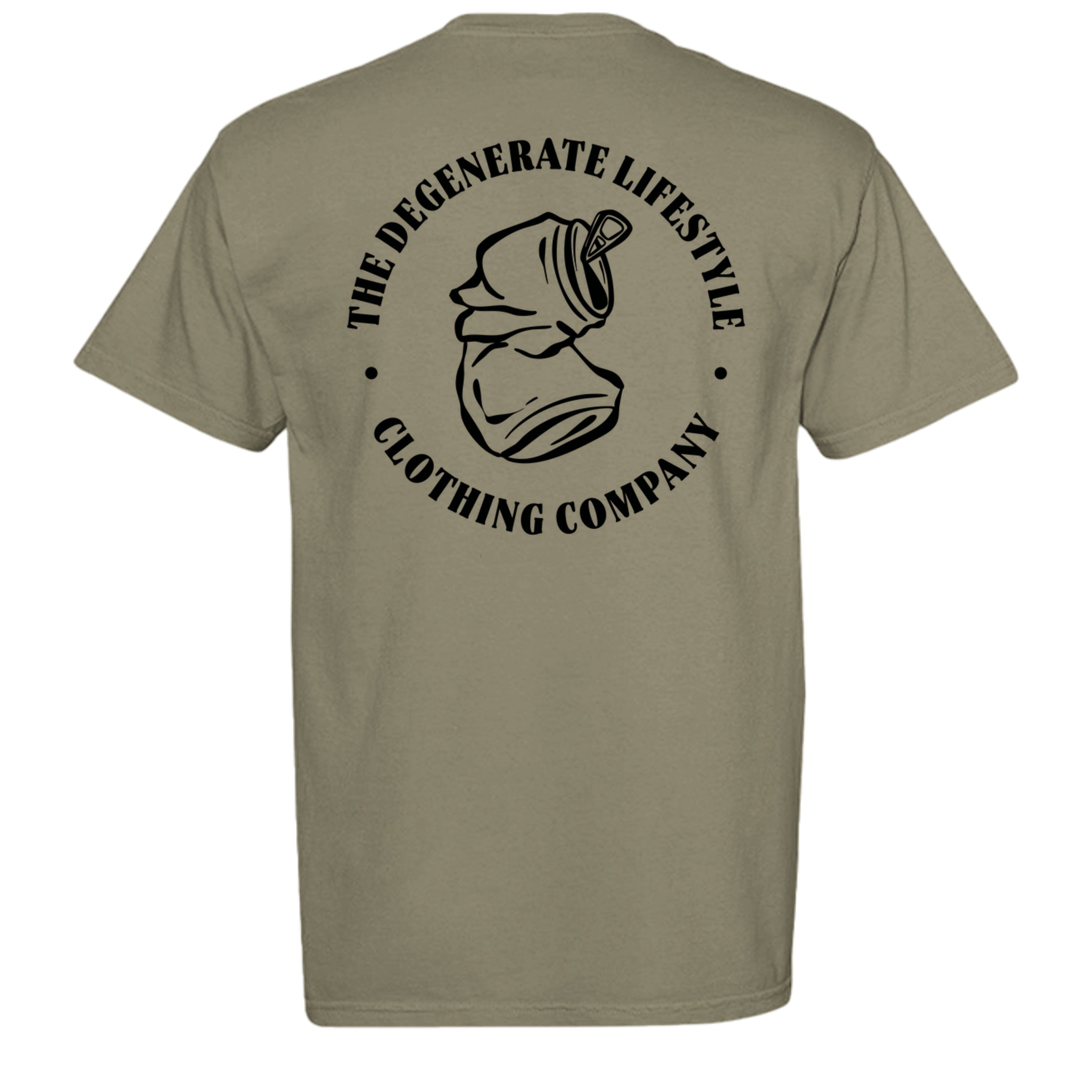 Crushed Can Logo Comfort Colors graphic tee in sandstone, back view with Degenerate Lifestyle logo