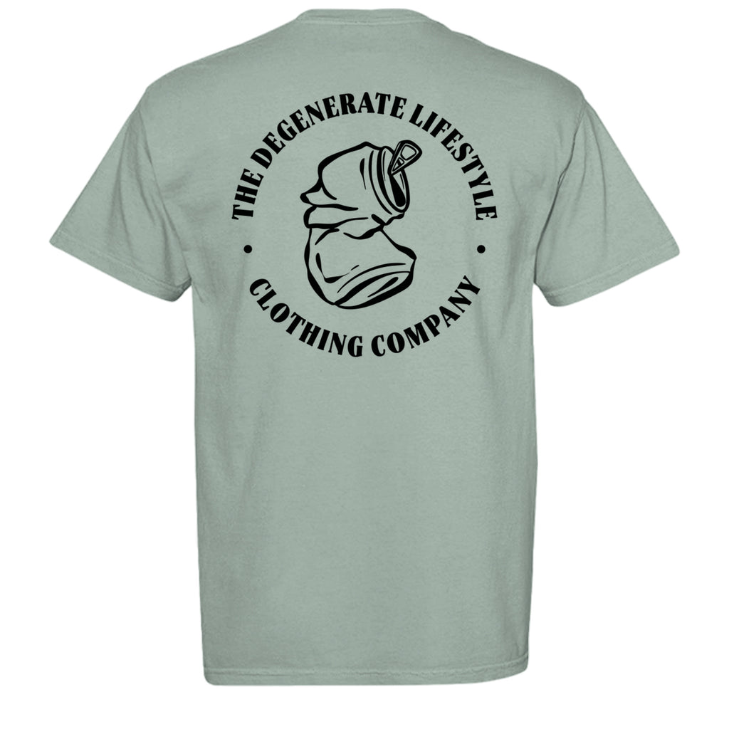 Crushed Can Logo Comfort Colors graphic tee in bay, back view with Degenerate Lifestyle logo