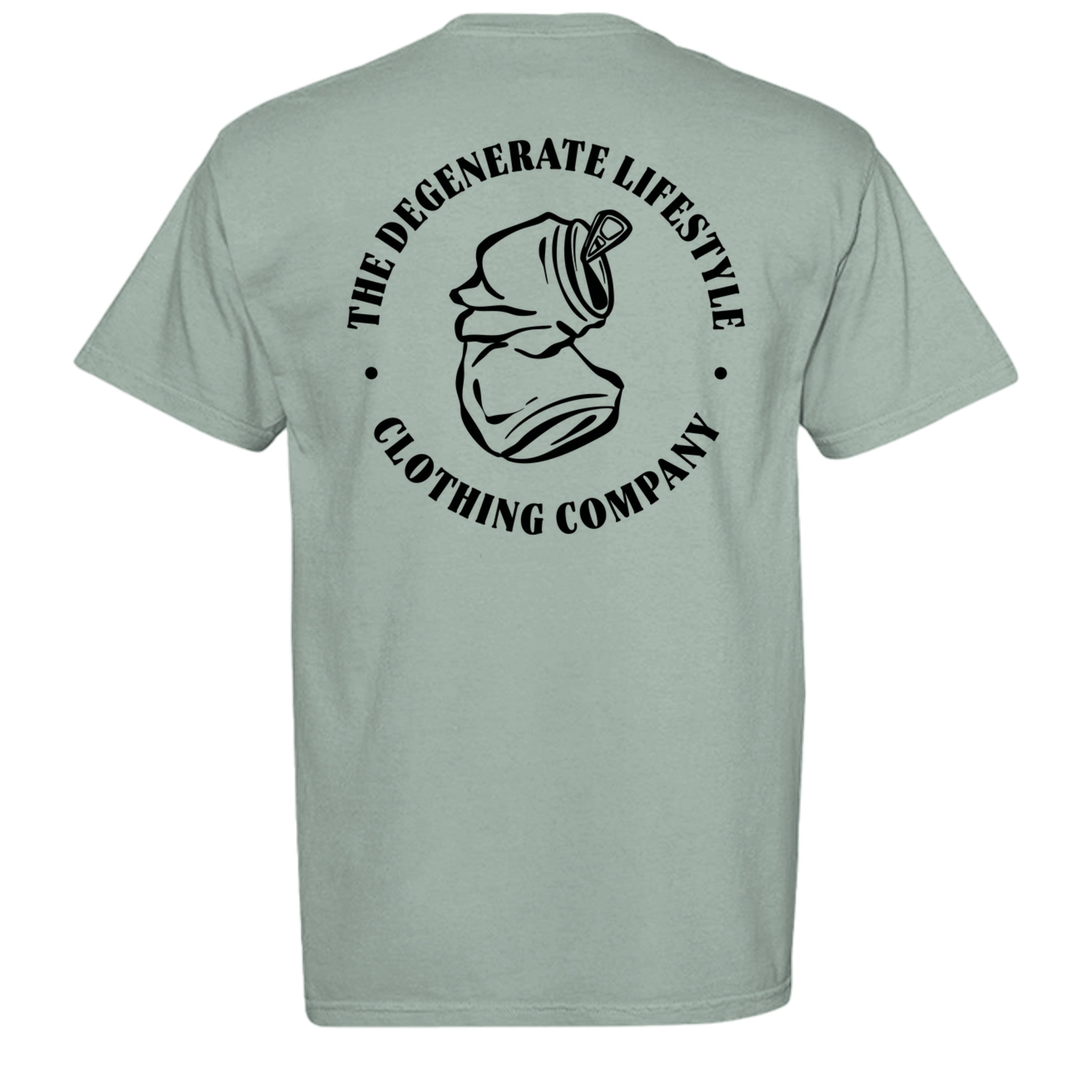Crushed Can Logo Comfort Colors graphic tee in bay, back view with Degenerate Lifestyle logo