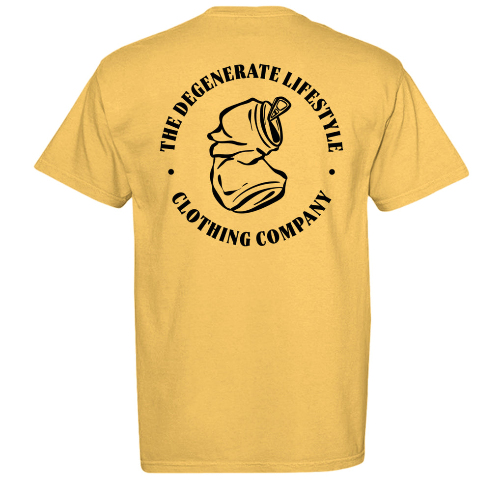 Crushed Can Logo Comfort Colors graphic tee in citrus, back view with Degenerate Lifestyle logo