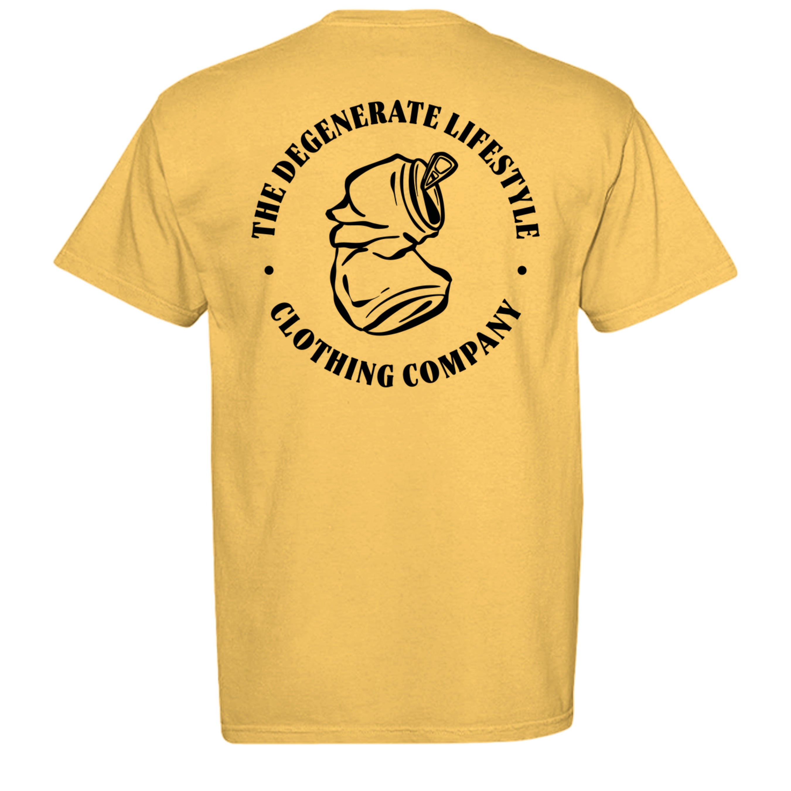 Crushed Can Logo Comfort Colors graphic tee in citrus, back view with Degenerate Lifestyle logo