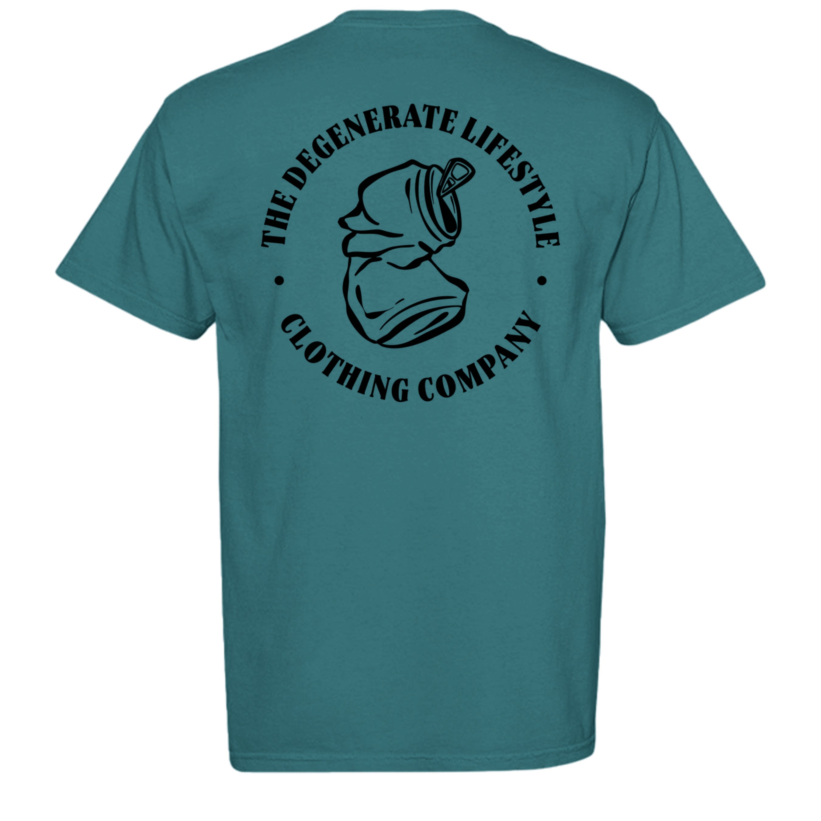 Crushed Can Logo Comfort Colors graphic tee in emerald, back view with Degenerate Lifestyle logo