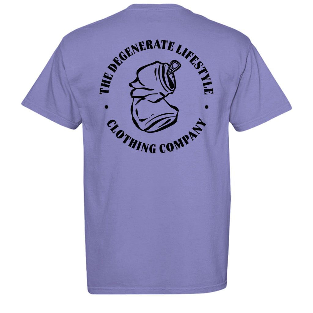 Crushed Can Logo Comfort Colors graphic tee in violet, back view with Degenerate Lifestyle logo