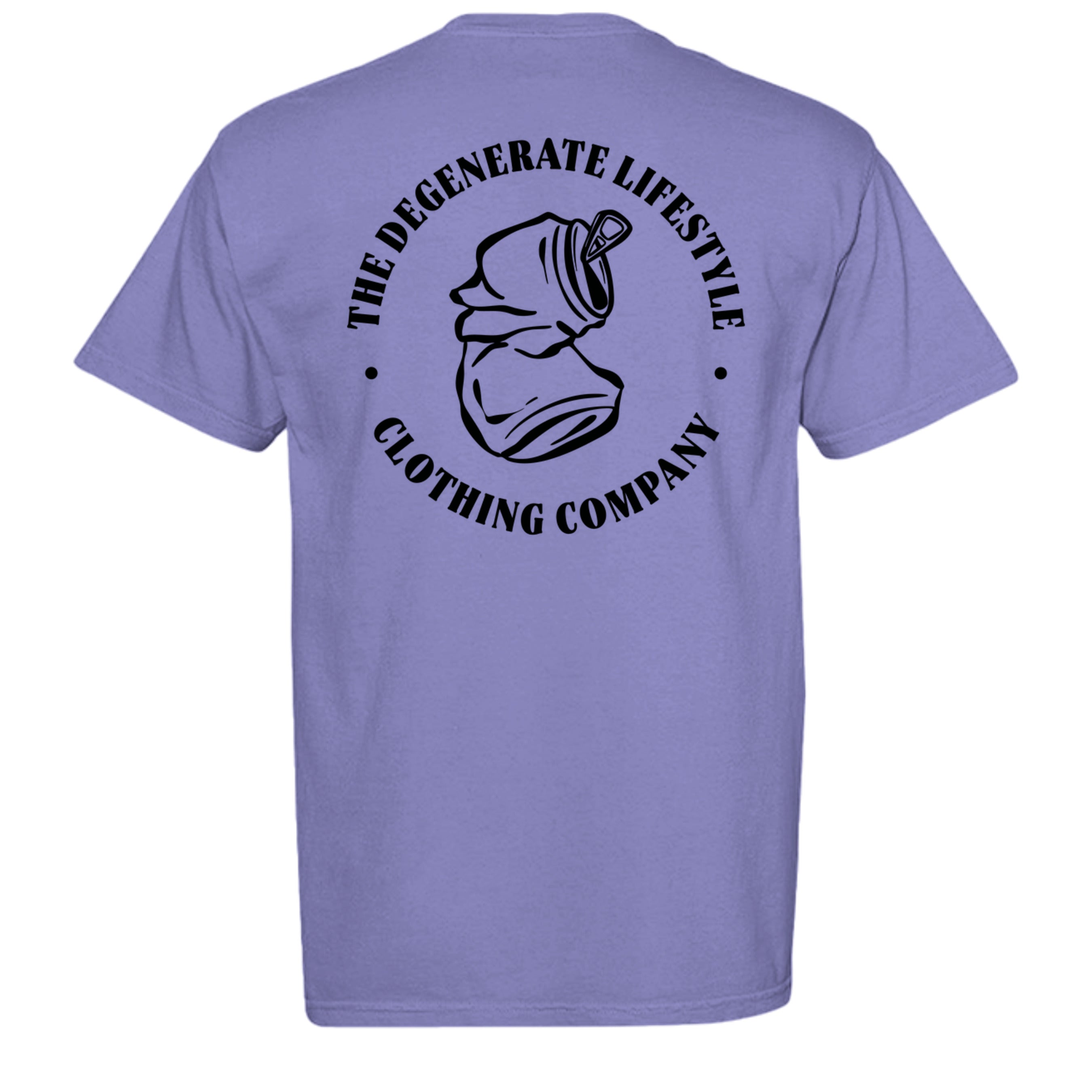 Crushed Can Logo Comfort Colors graphic tee in violet, back view with Degenerate Lifestyle logo