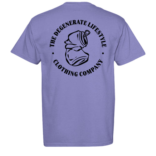 Crushed Can Logo Comfort Colors graphic tee in violet, back view with Degenerate Lifestyle logo