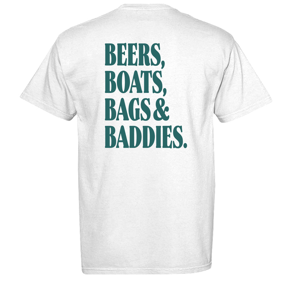 The 4 B's Comfort Colors graphic tee in white, back view with Degenerate Lifestyle artwork