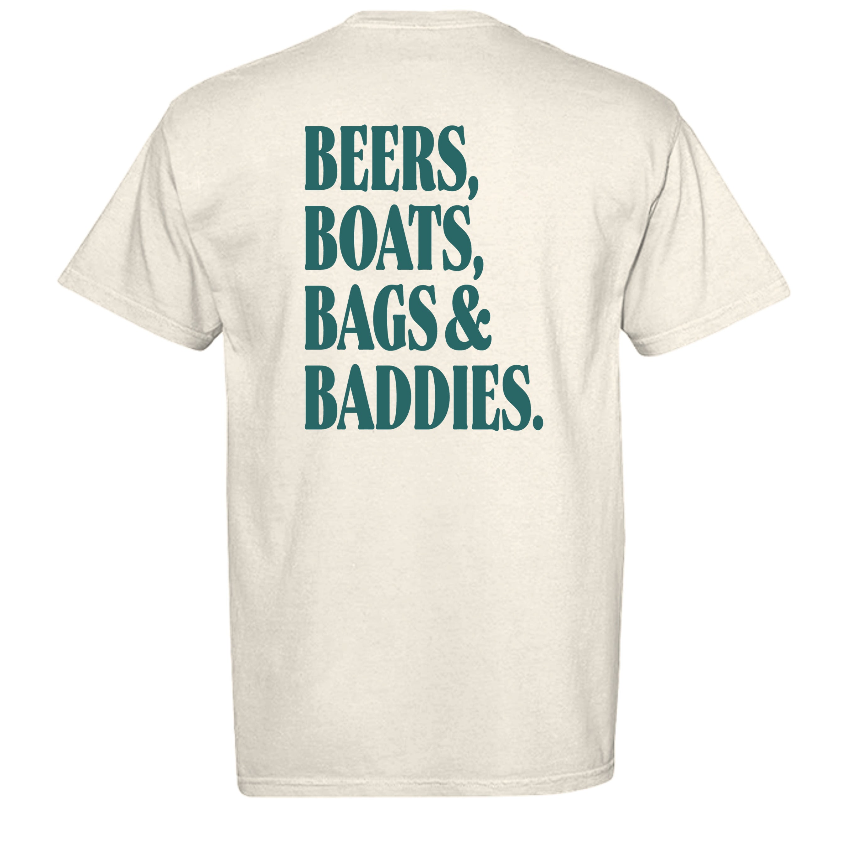 The 4 B's Comfort Colors graphic tee in ivory, back view with Degenerate Lifestyle artwork
