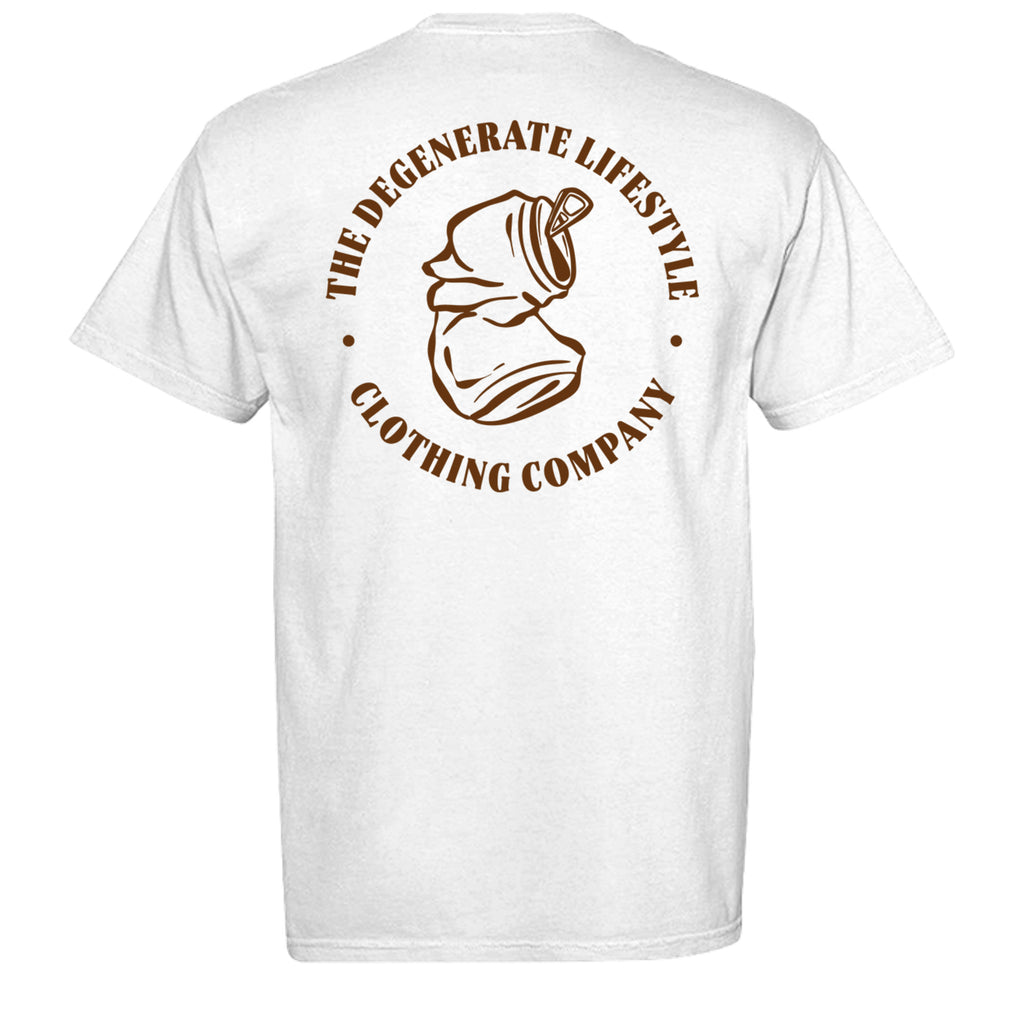Morally Bankrupt Comfort Colors graphic tee in white, back view with Degenerate Lifestyle artwork