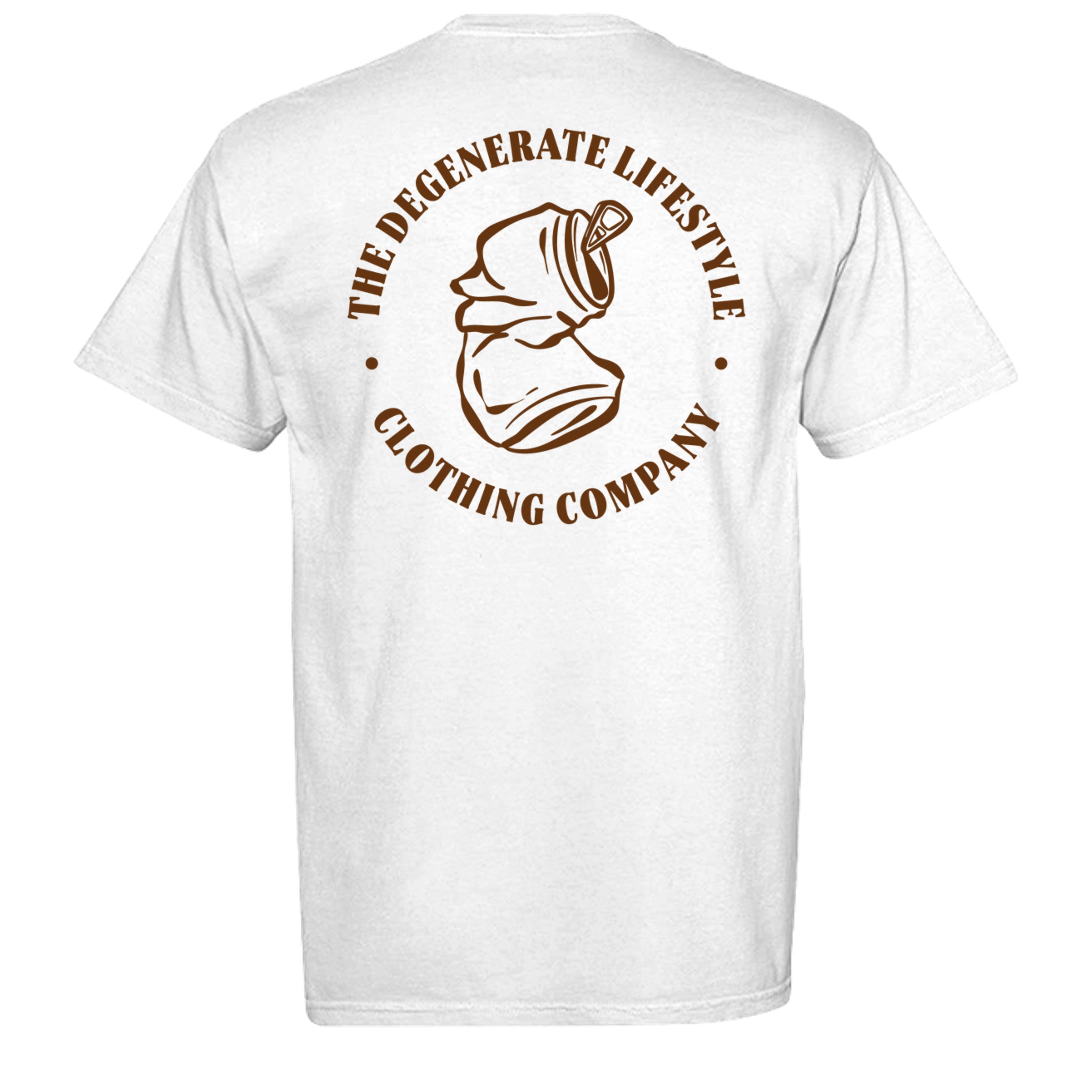 Morally Bankrupt Comfort Colors graphic tee in white, back view with Degenerate Lifestyle artwork
