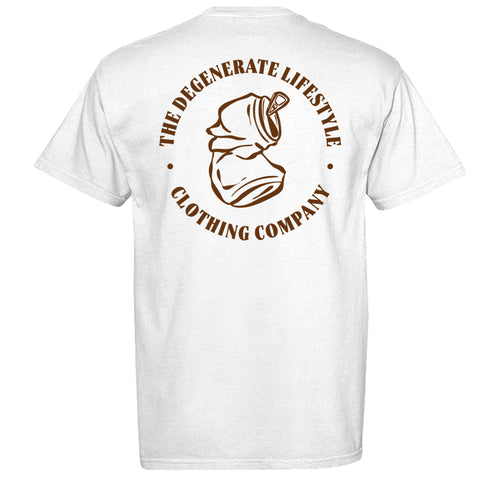 Morally Bankrupt Comfort Colors graphic tee in white, back view with Degenerate Lifestyle artwork