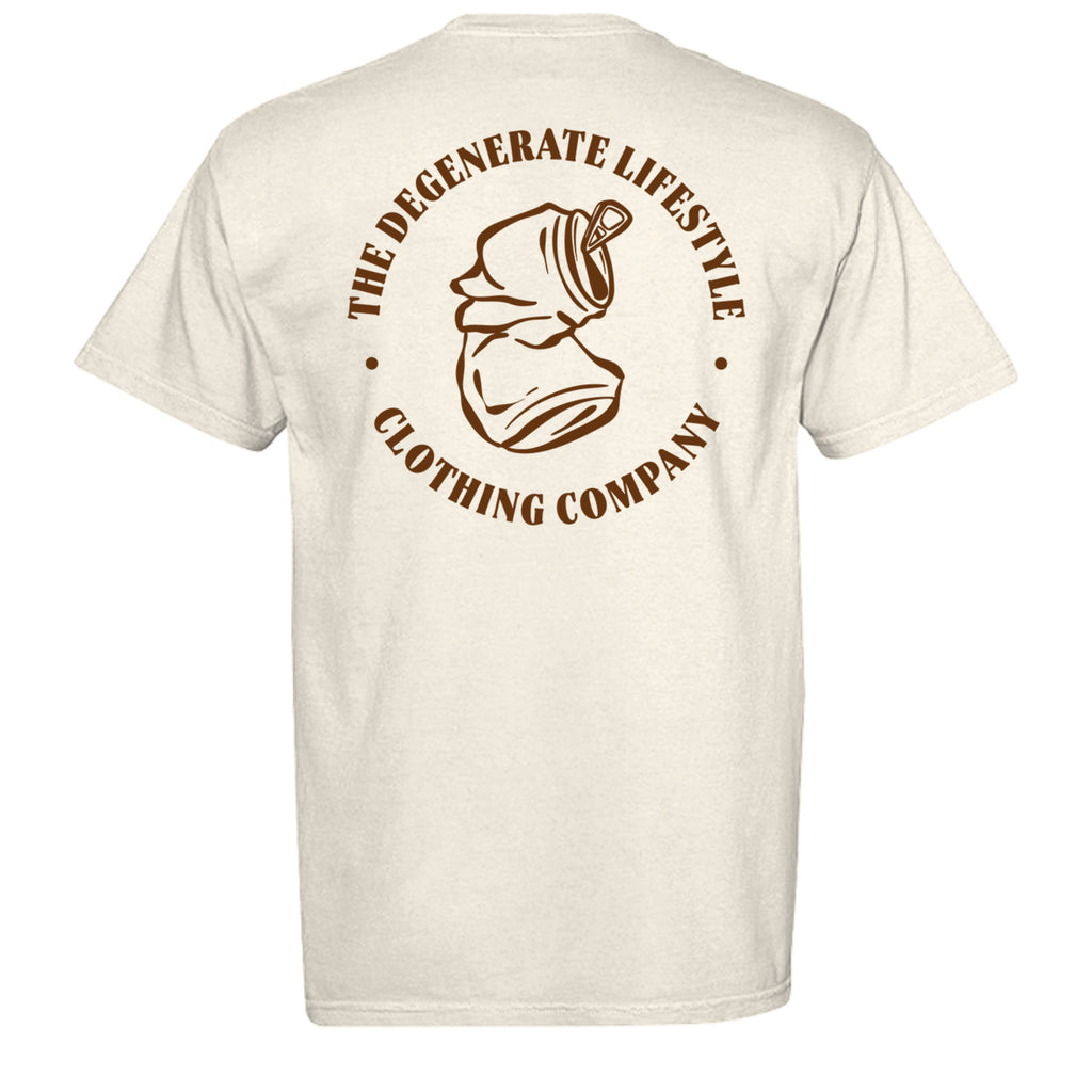 Morally Bankrupt Comfort Colors graphic tee in ivory, back view with Degenerate Lifestyle artwork