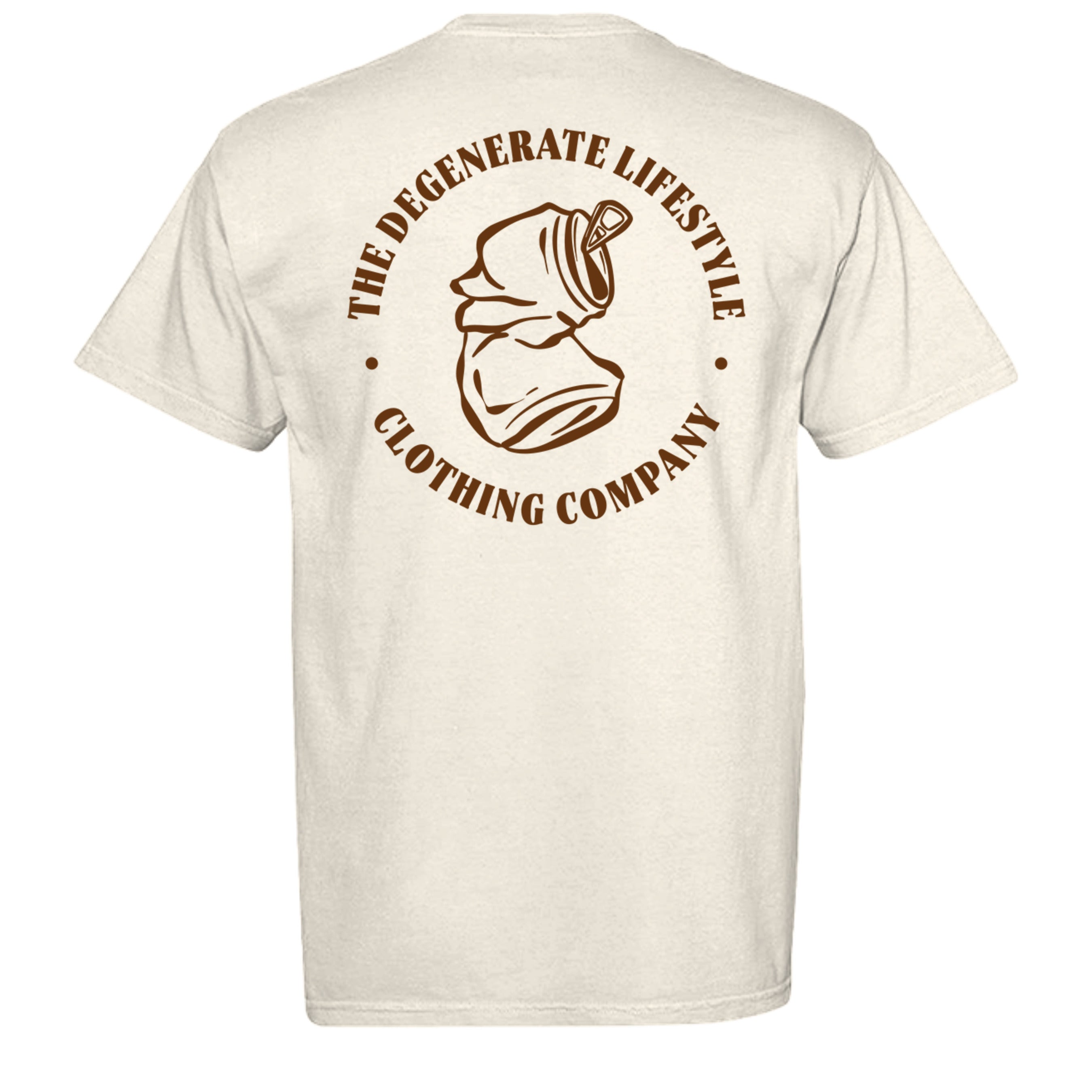 Morally Bankrupt Comfort Colors graphic tee in ivory, back view with Degenerate Lifestyle artwork