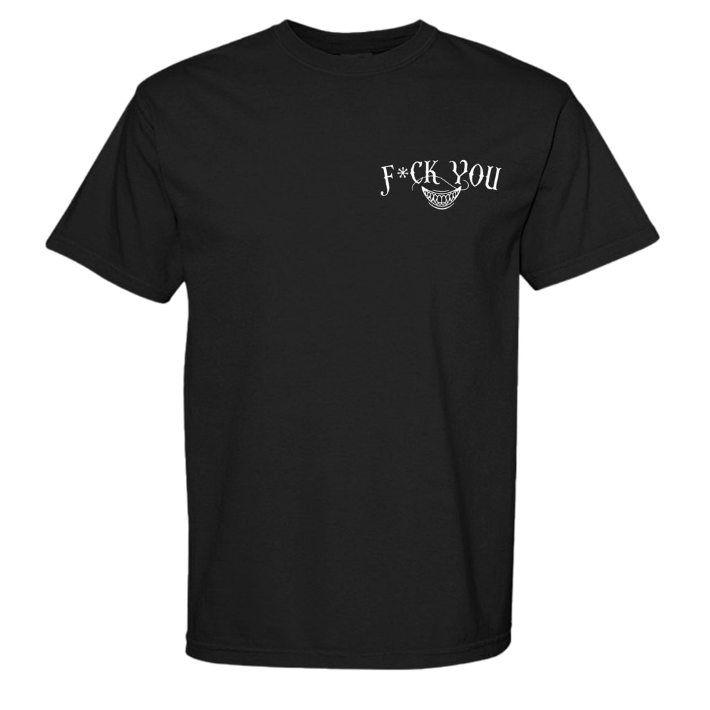 Fuck You Comfort Colors graphic tee in black, front view with Degenerate Lifestyle artwork