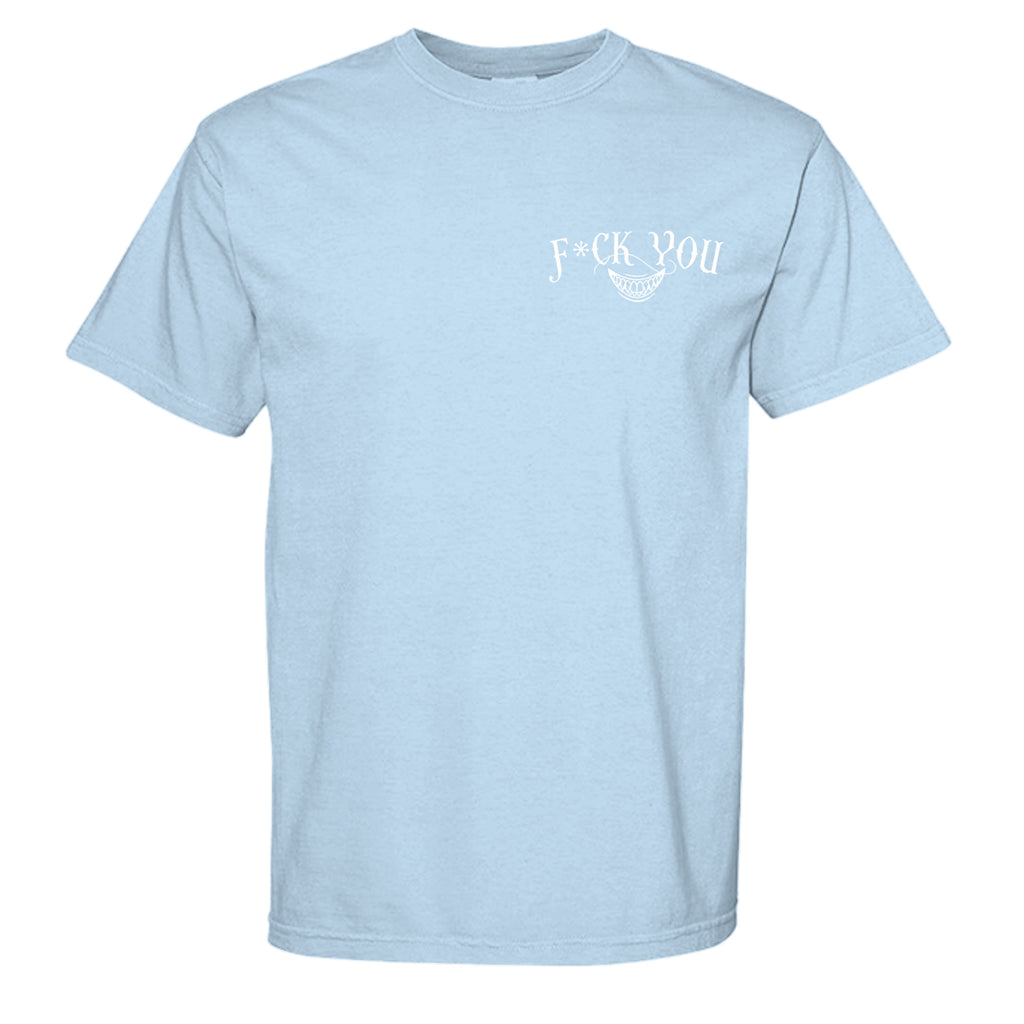 Fuck You Comfort Colors graphic tee in hydrangea, front view with Degenerate Lifestyle artwork