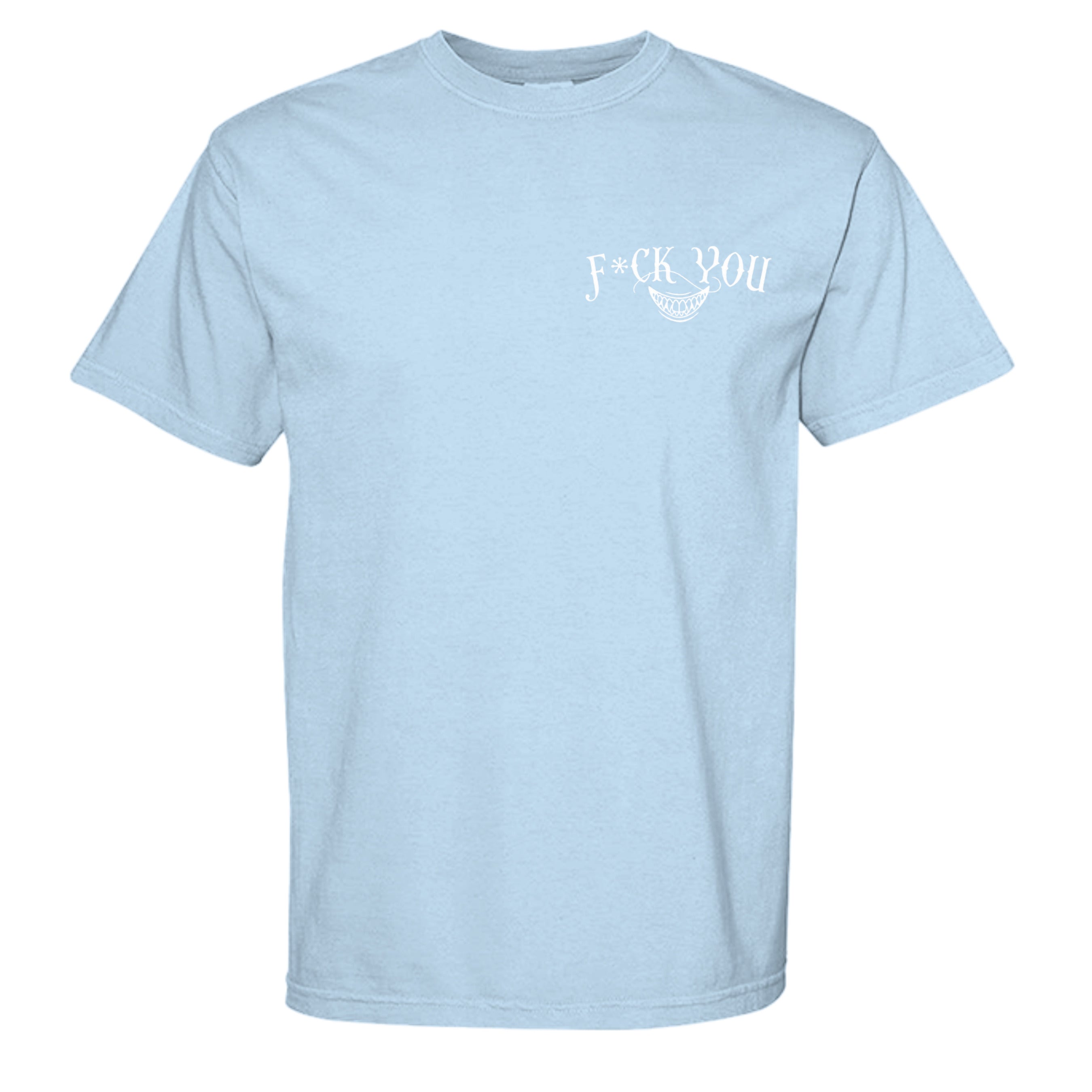 Fuck You Comfort Colors graphic tee in hydrangea, front view with Degenerate Lifestyle artwork