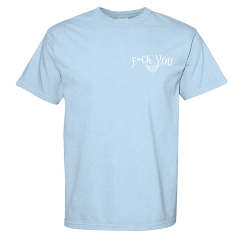 Fuck You Comfort Colors graphic tee in hydrangea, front view with Degenerate Lifestyle artwork
