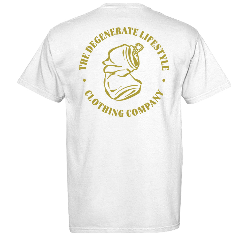 Crushed Can Logo Gold Comfort Colors graphic tee in white, back view with gold Degenerate Lifestyle logo