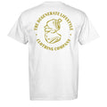 Crushed Can Logo Gold Comfort Colors graphic tee in white, back view with gold Degenerate Lifestyle logo