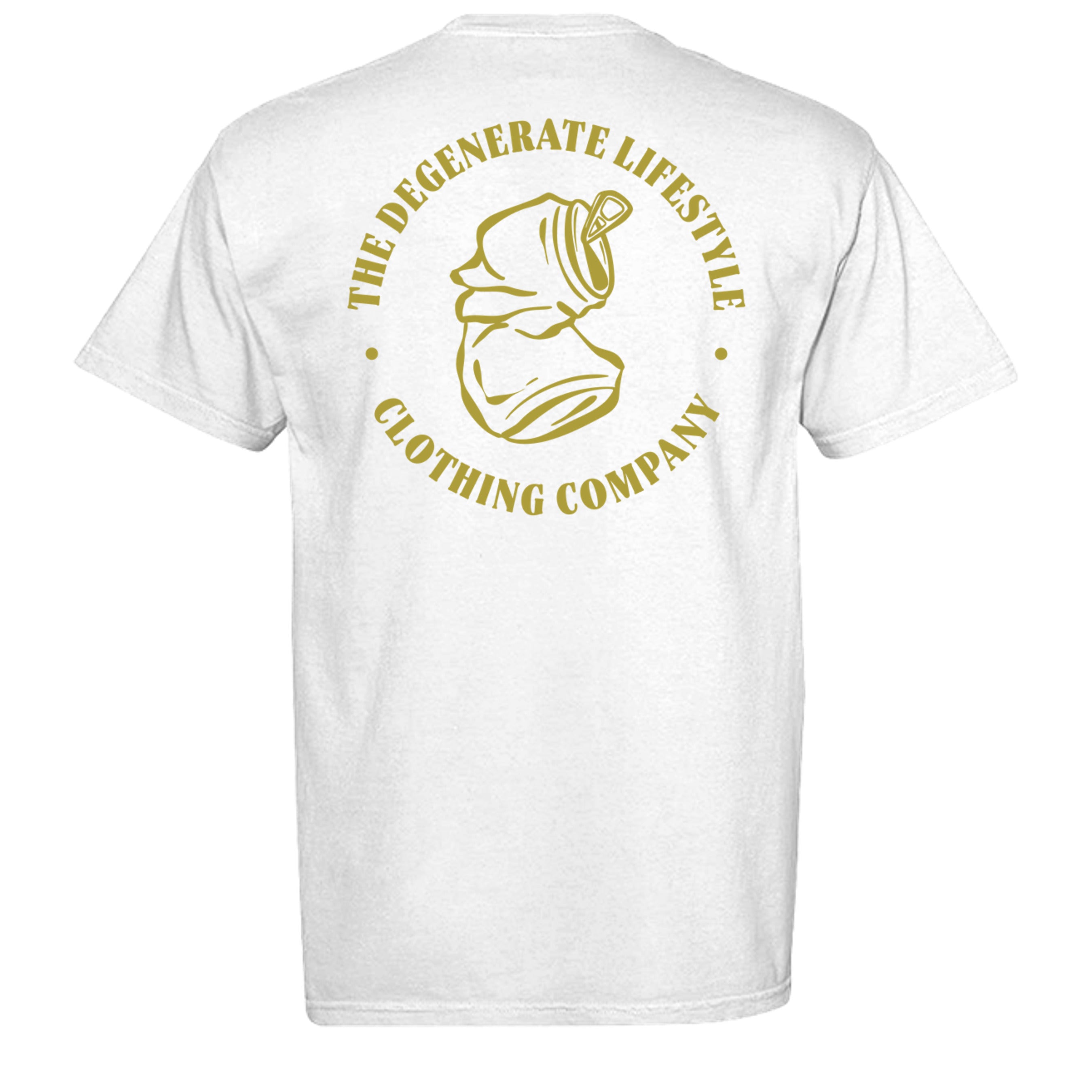 Crushed Can Logo Gold Comfort Colors graphic tee in white, back view with gold Degenerate Lifestyle logo