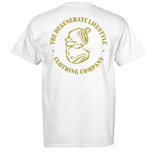 Crushed Can Logo Gold Comfort Colors graphic tee in white, back view with gold Degenerate Lifestyle logo