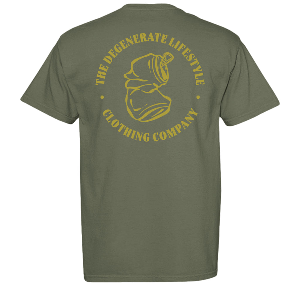 Crushed Can Logo Gold Comfort Colors graphic tee in hemp, back view with gold Degenerate Lifestyle logo