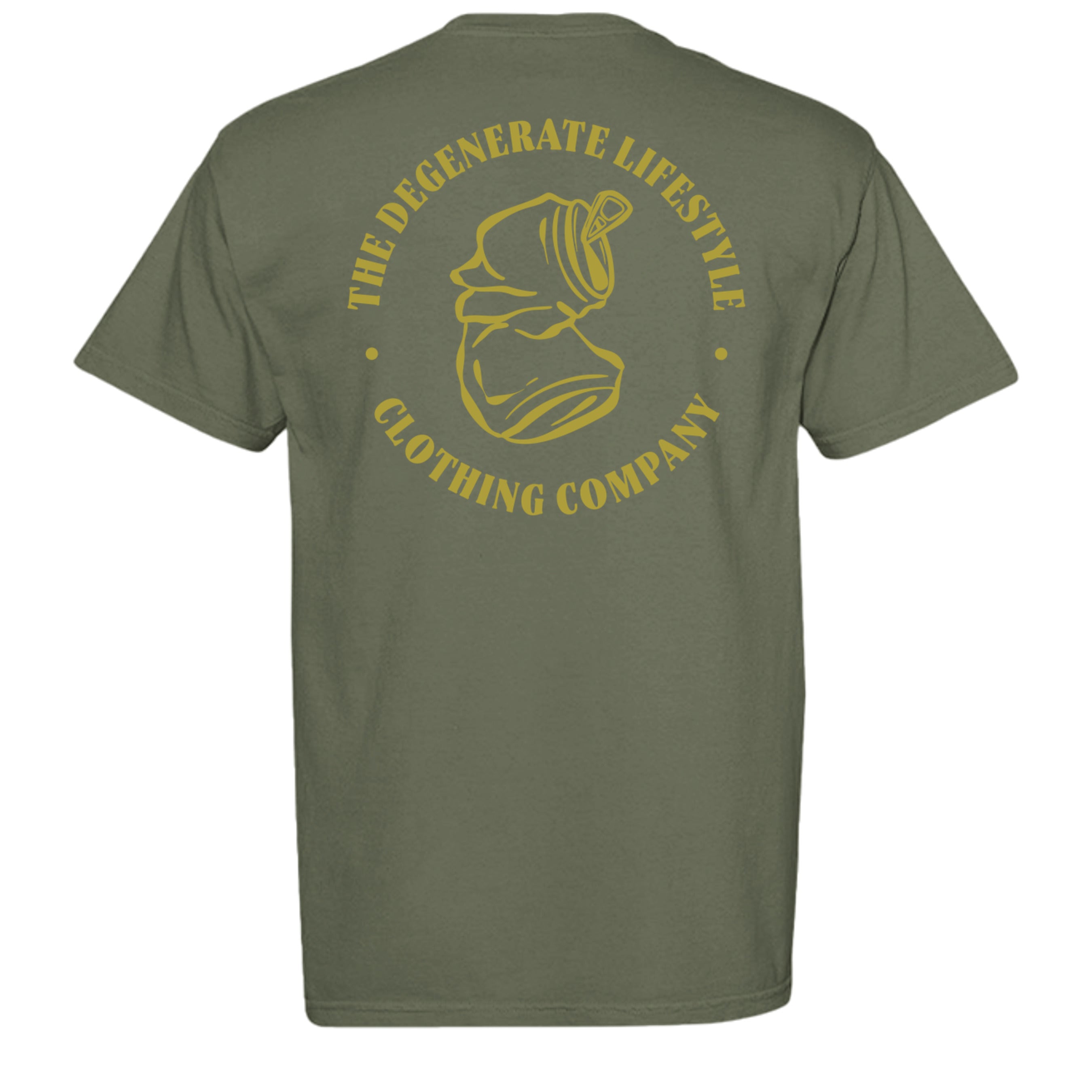 Crushed Can Logo Gold Comfort Colors graphic tee in hemp, back view with gold Degenerate Lifestyle logo