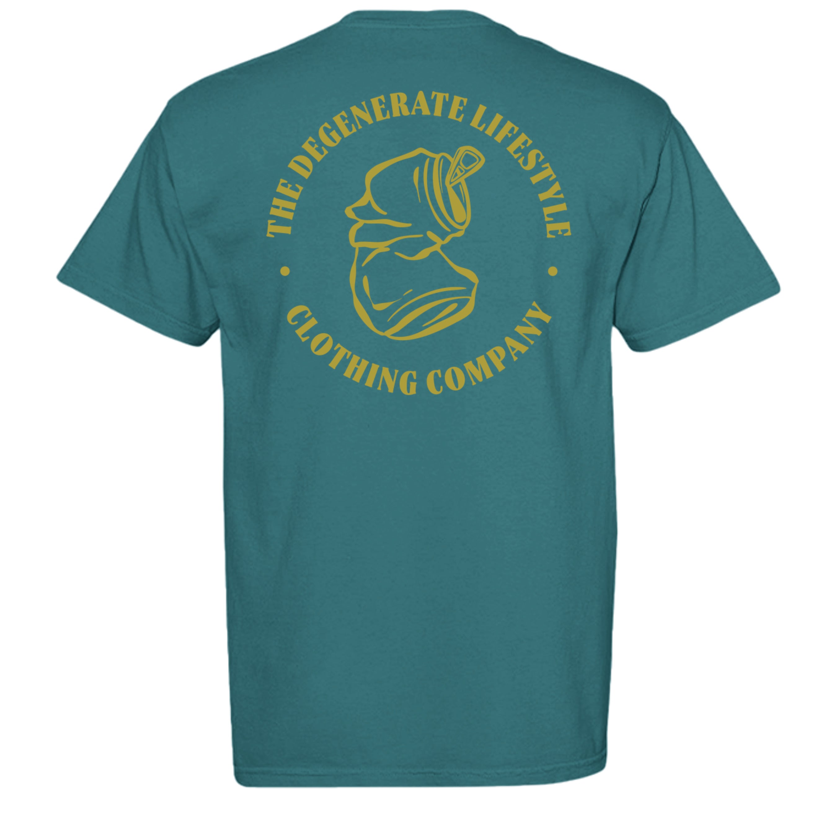 Crushed Can Logo Gold Comfort Colors graphic tee in emerald, back view with gold Degenerate Lifestyle logo