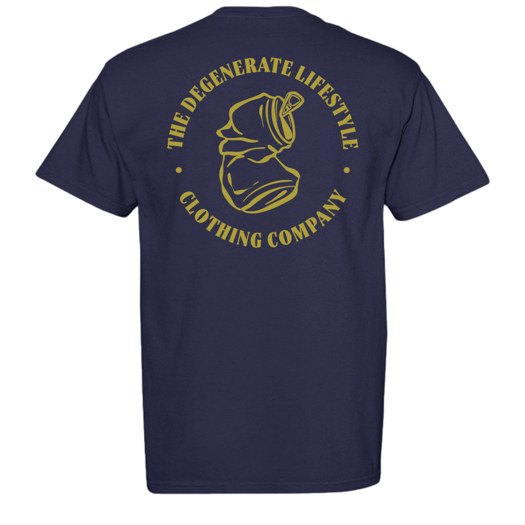 Crushed Can Logo Gold Comfort Colors graphic tee in true navy, back view with gold Degenerate Lifestyle logo