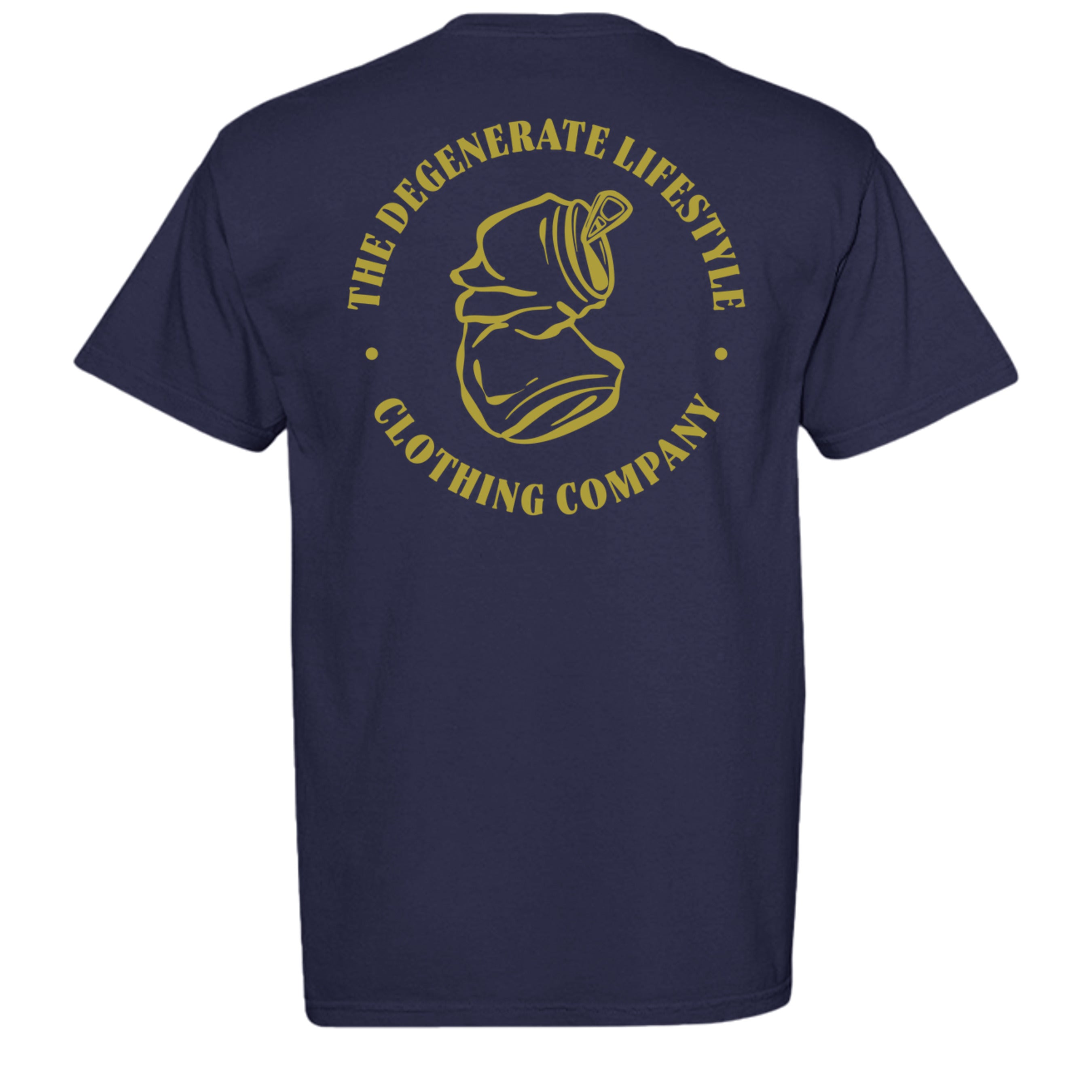 Crushed Can Logo Gold Comfort Colors graphic tee in true navy, back view with gold Degenerate Lifestyle logo