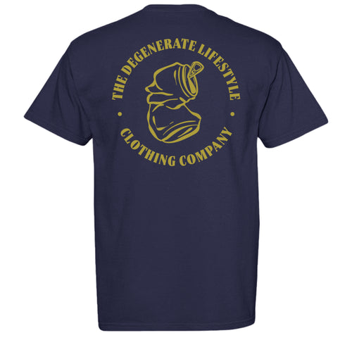 Crushed Can Logo Gold Comfort Colors graphic tee in true navy, back view with gold Degenerate Lifestyle logo