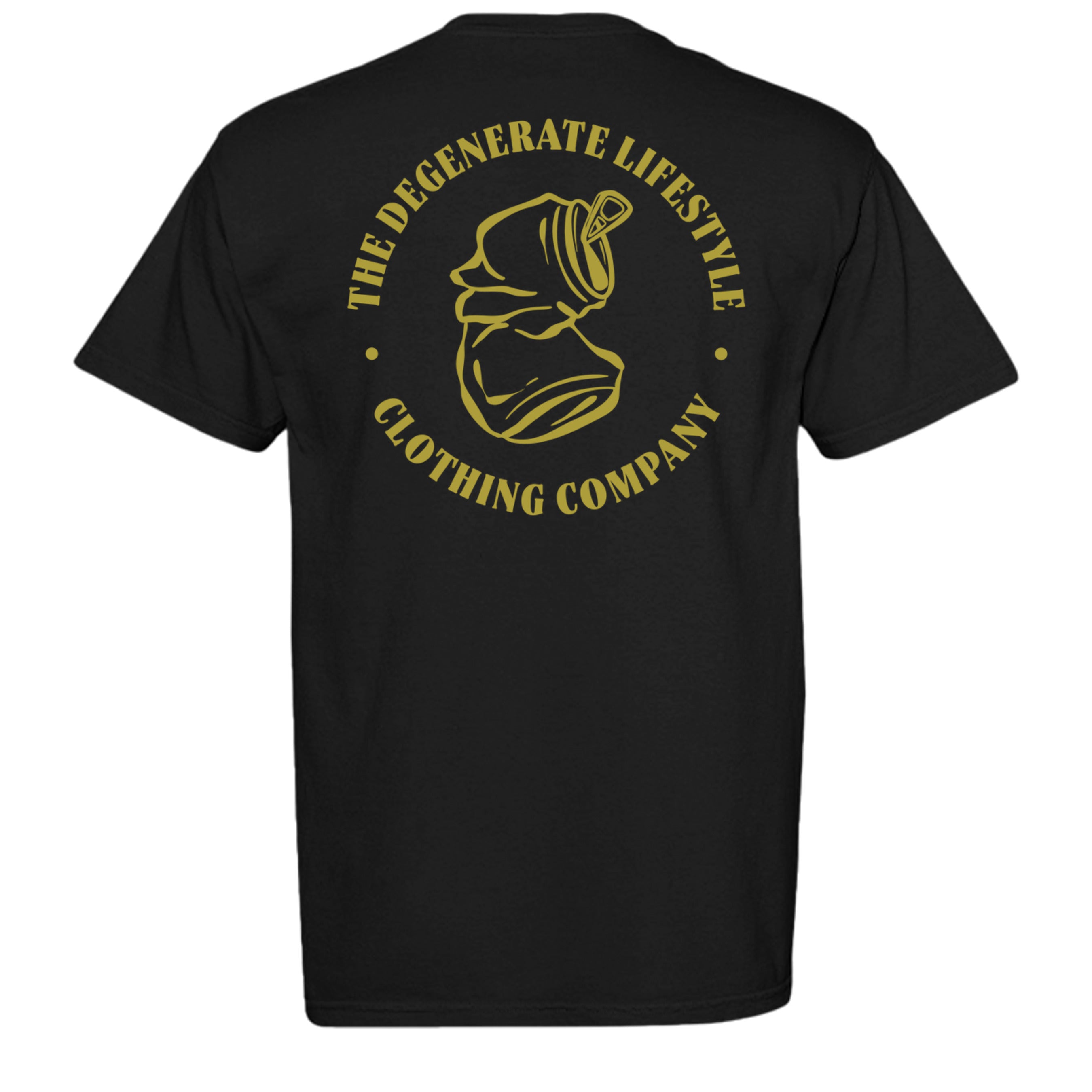 Crushed Can Logo Gold Comfort Colors graphic tee in black, back view with gold Degenerate Lifestyle logo
