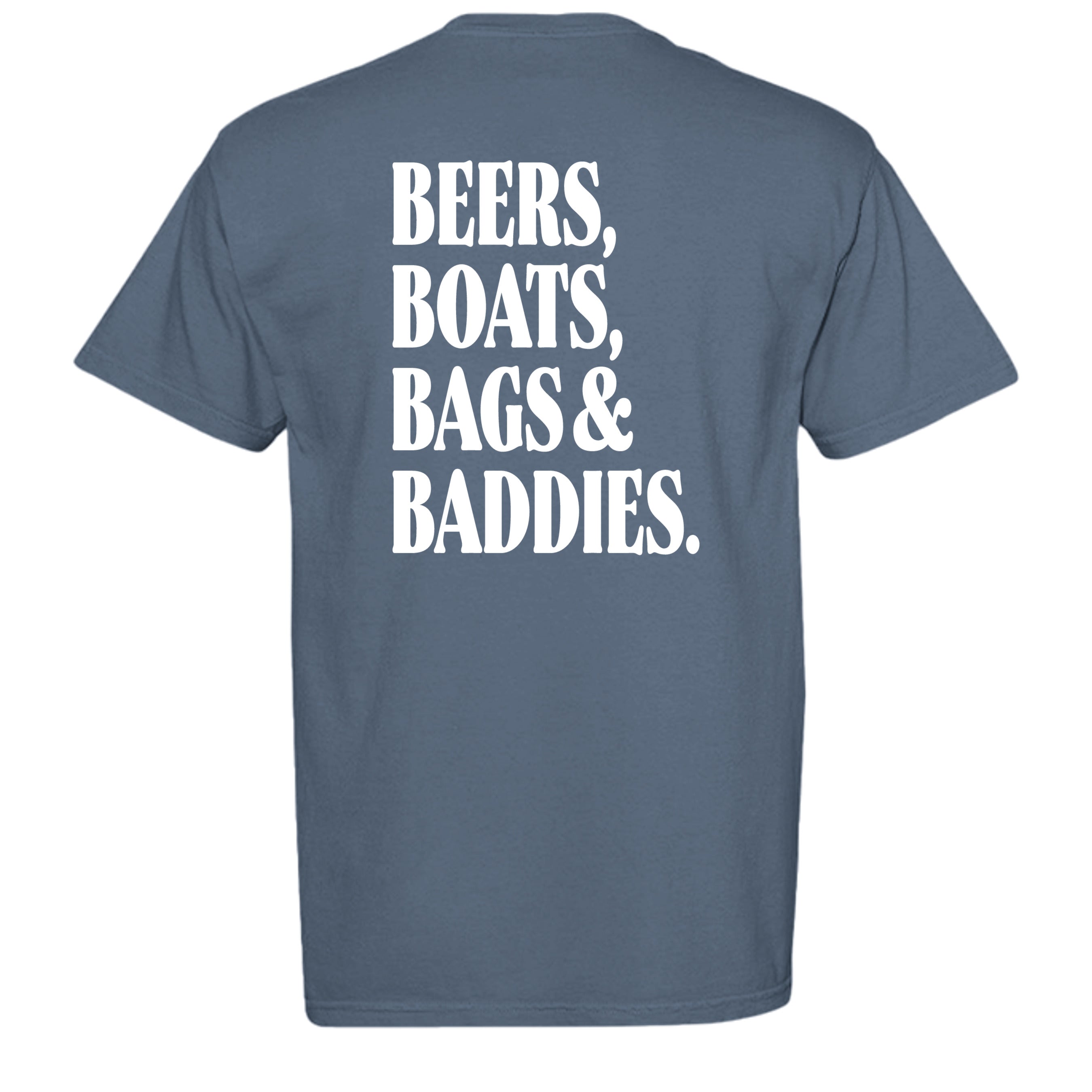 The 4 B's Comfort Colors graphic tee in blue jean, back view with Degenerate Lifestyle artwork