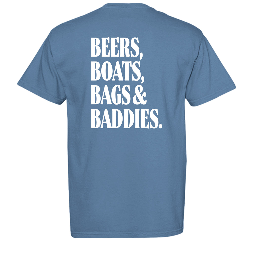 The 4 B's Comfort Colors graphic tee in washed denim, back view with Degenerate Lifestyle artwork