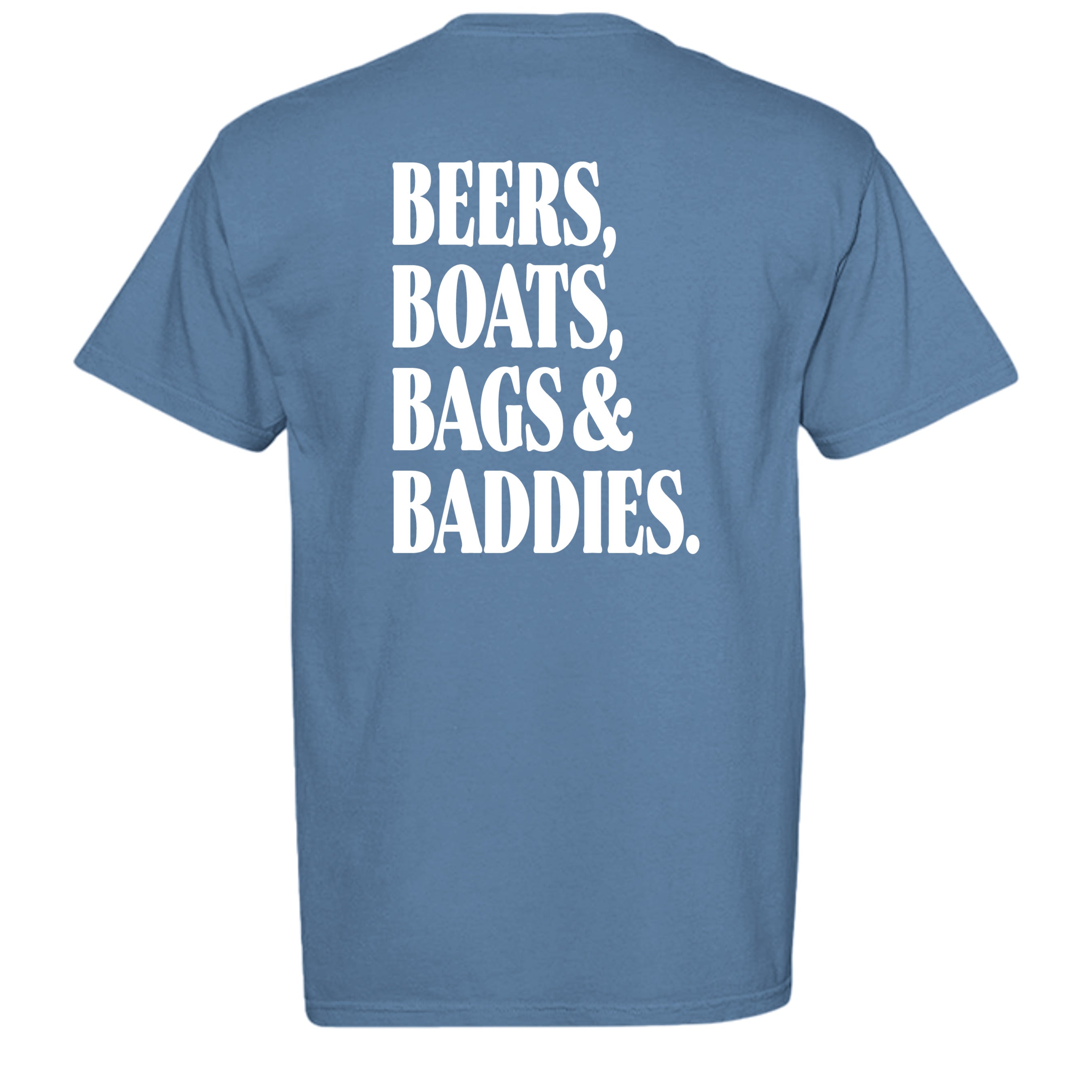 The 4 B's Comfort Colors graphic tee in washed denim, back view with Degenerate Lifestyle artwork
