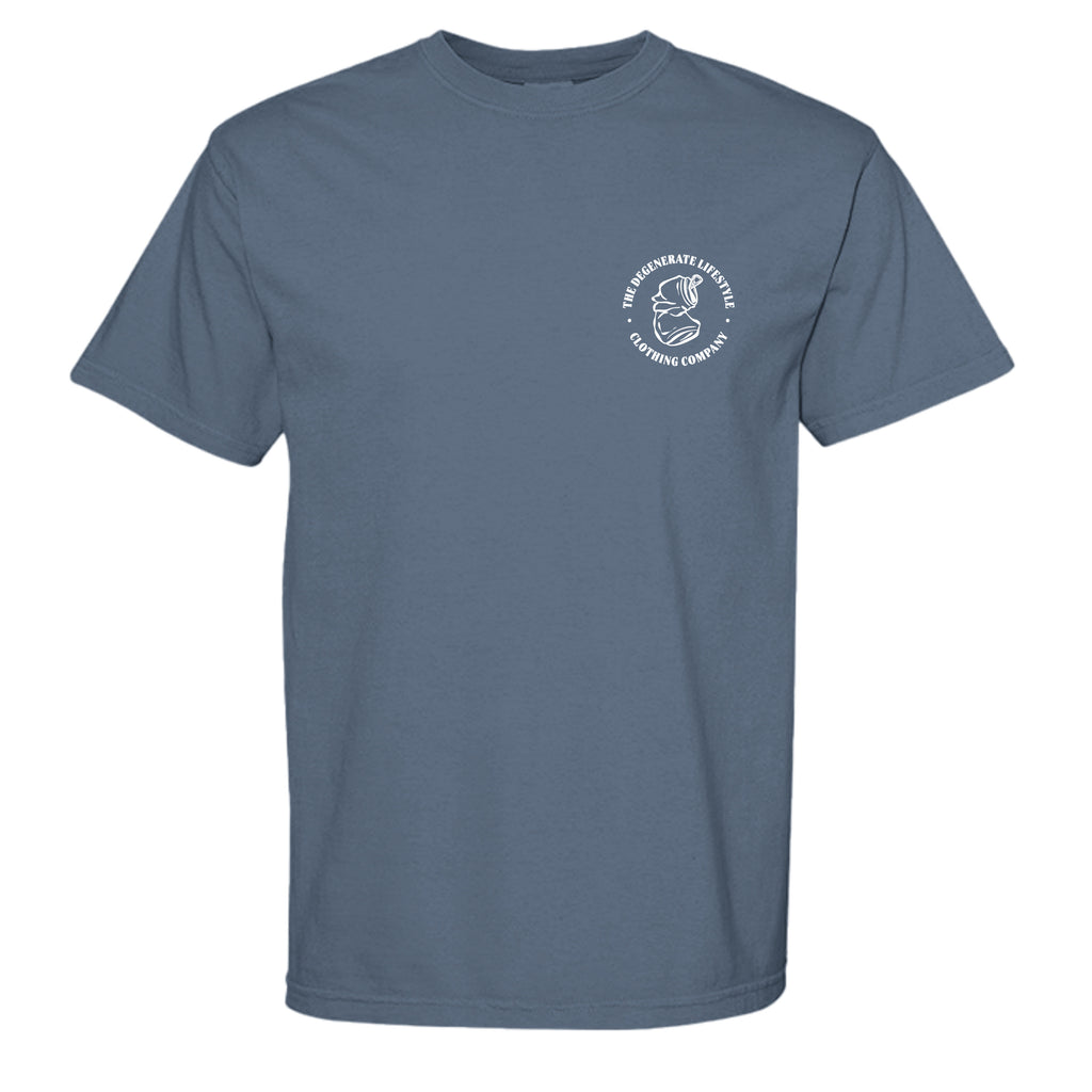 The 4 B's Comfort Colors graphic tee in blue jean, front view