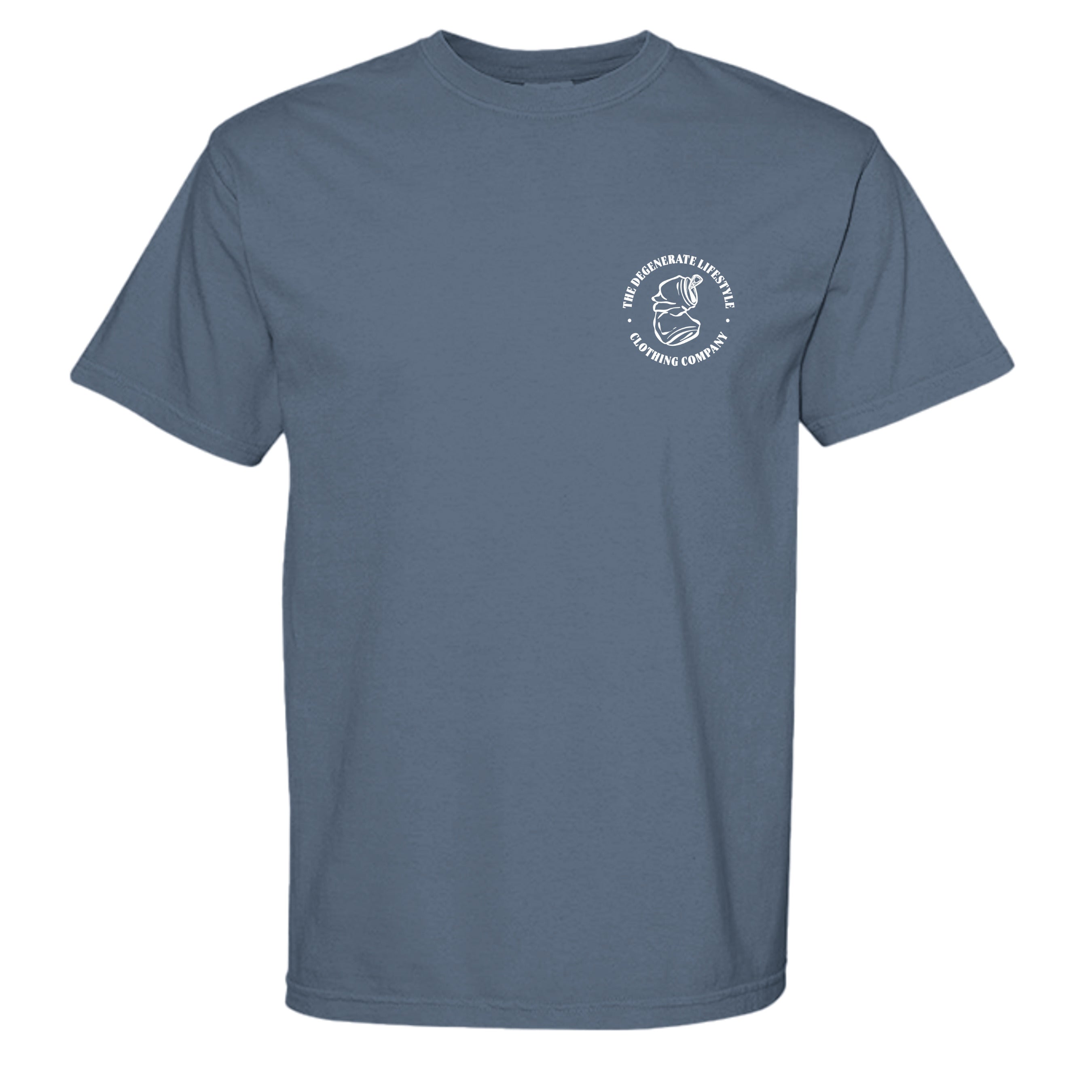 The 4 B's Comfort Colors graphic tee in blue jean, front view