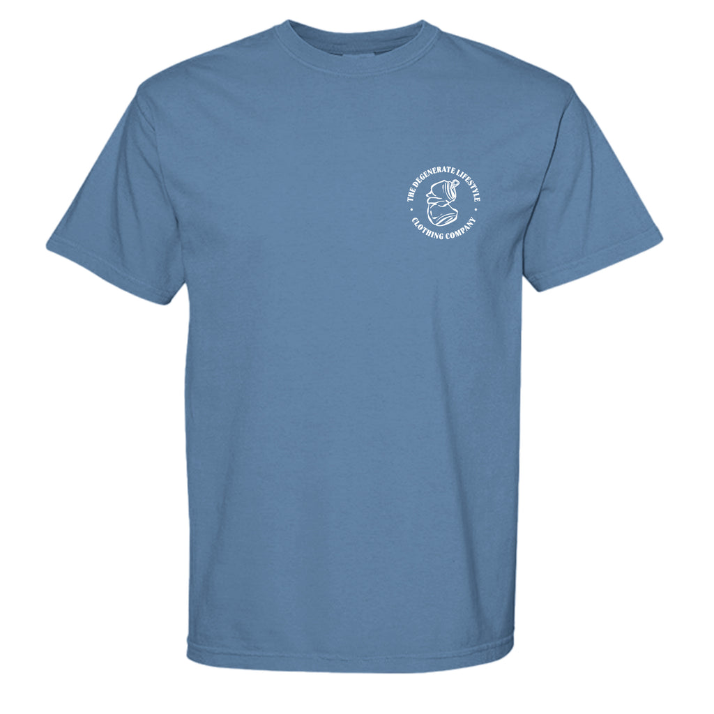 The 4 B's Comfort Colors graphic tee in washed denim, front view